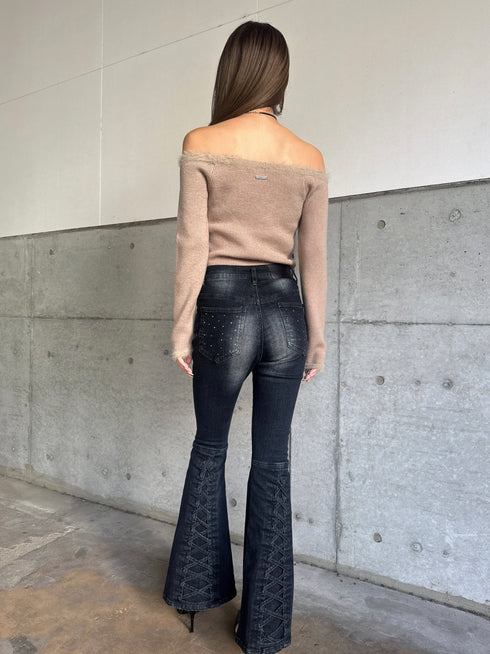 端シャギータイトオフショルニットトップス